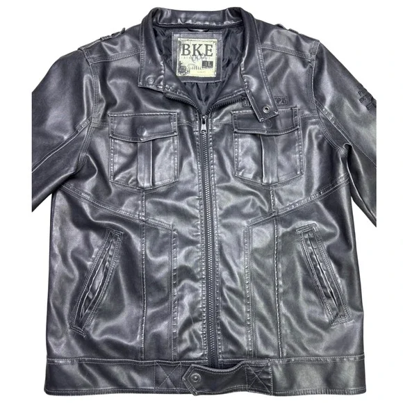 BKE Men's Faux Leather Jacket Dark Gray Size Large Slim Fit Motorcycle Biker - Picture 2 of 13